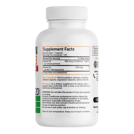 Tabla nutricional del suplemento Bronson Vitamina K2 y D3 120 cápsulas