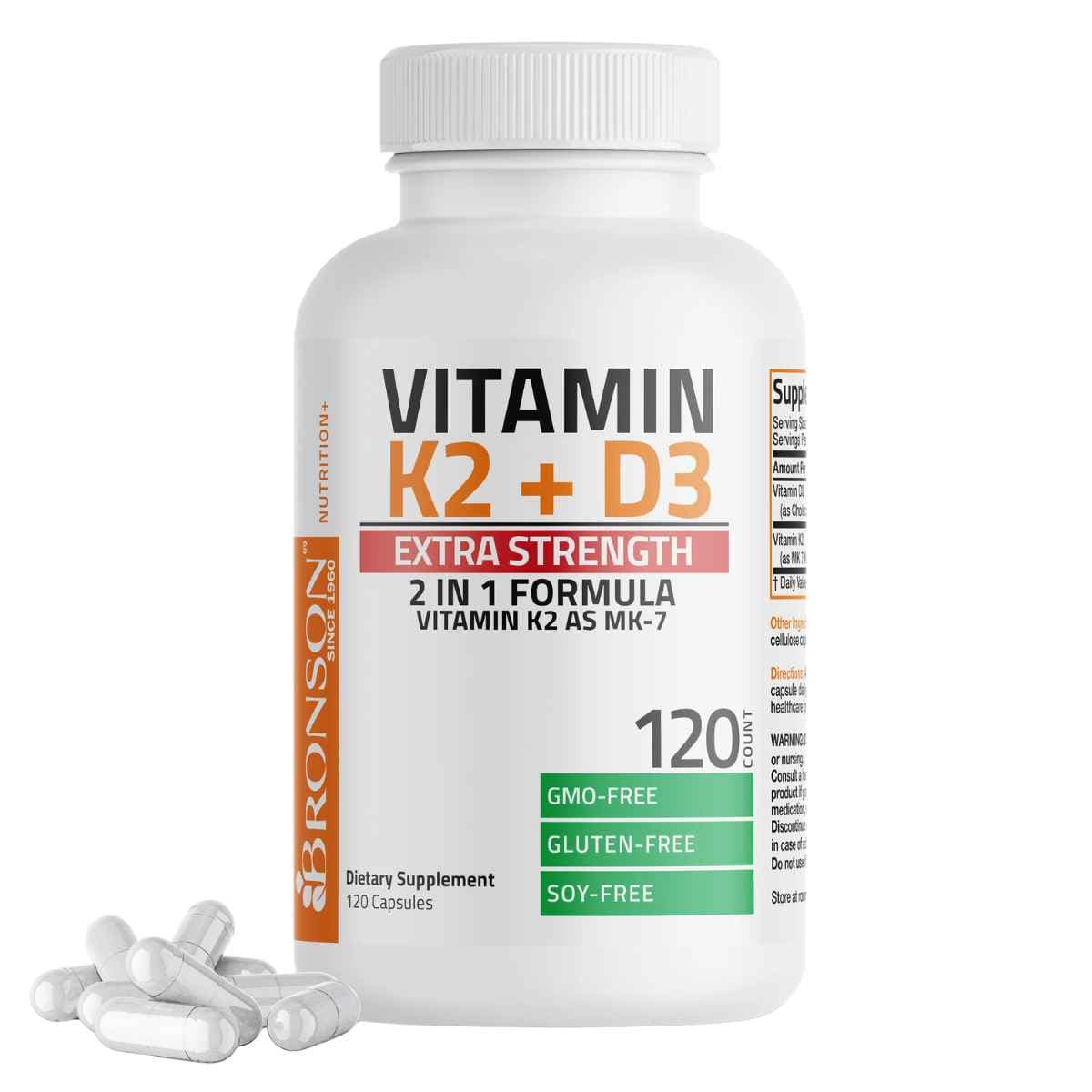 Frasco de suplemento Bronson Vitamina K2 y D3 120 cápsulas