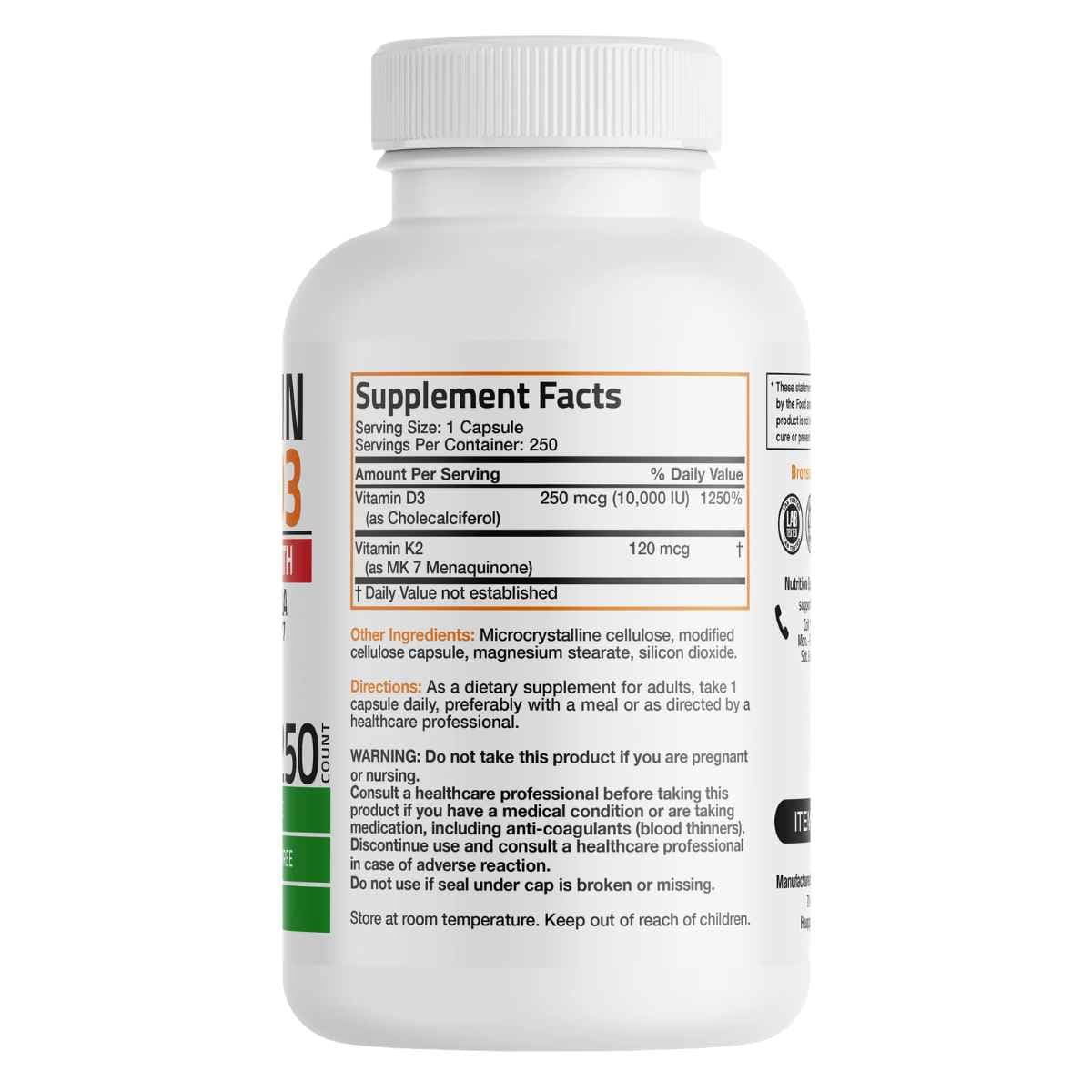Tabla nutricional del suplemento Bronson Vitamina K2 y D3 250 cápsulas