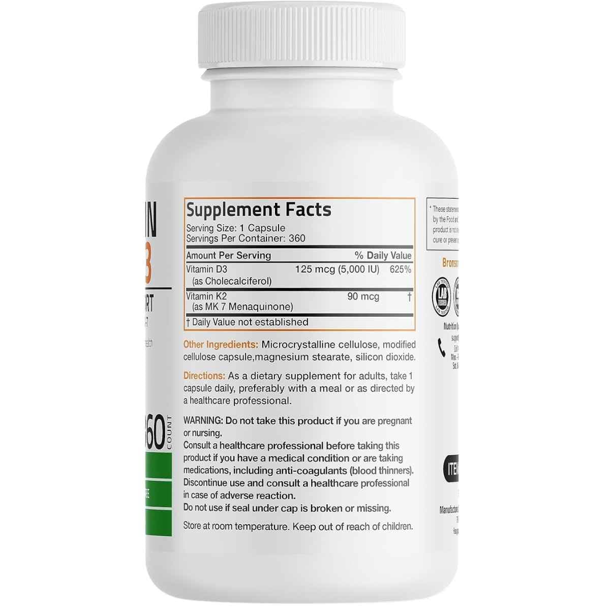 Tabla nutricional del suplemento Bronson Vitamina K2 y D3 360 cápsulas