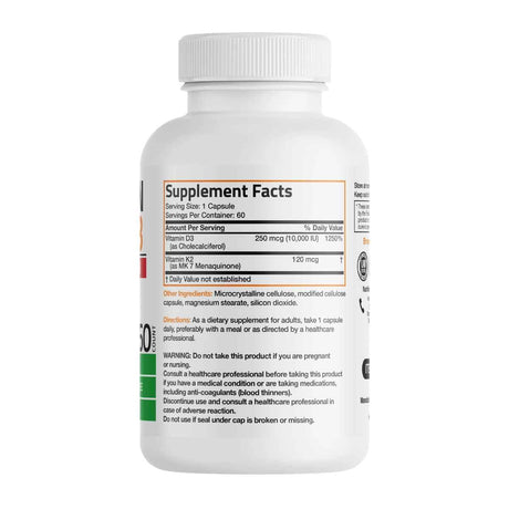 Tabla nutricional del suplemento Bronson Vitamina K2 y D3 60 cápsulas