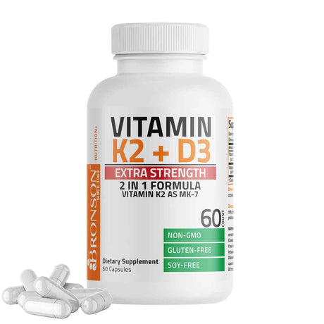Frasco de suplemento Bronson Vitamina K2 y D3 60 cápsulas