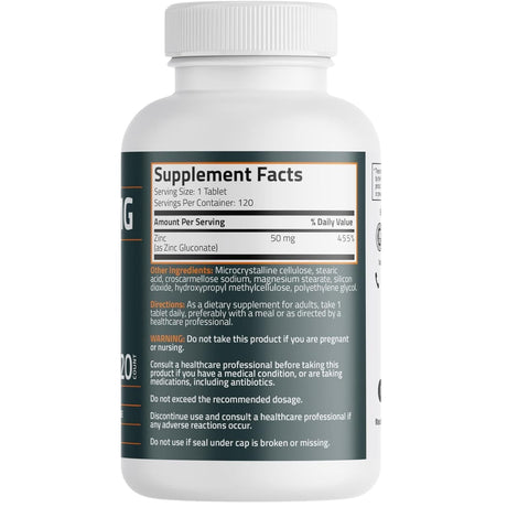 Tabla nutricional del suplemento Bronson Zinc 50 mg 120 tabletas