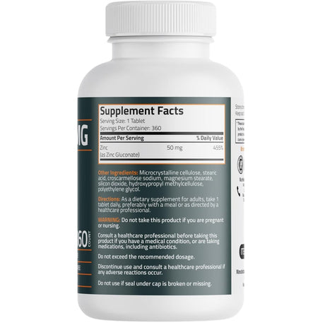 Tabla nutricional del suplemento Bronson Zinc 50 mg 360 tabletas