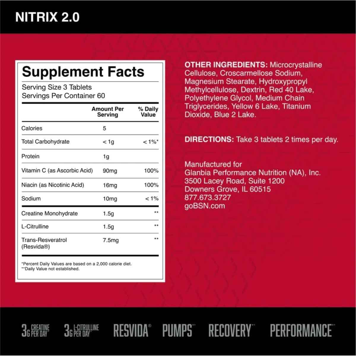 Tabla nutricional del suplemento BSN Precursor de Óxido Nítrico Nitrix 2.0 180 tabletas