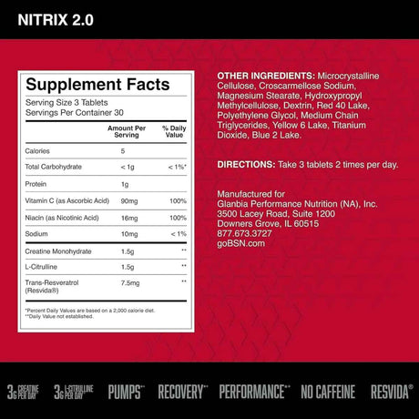 Tabla nutricional del suplemento BSN Precursor de Óxido Nítrico Nitrix 2.0 90 tabletas