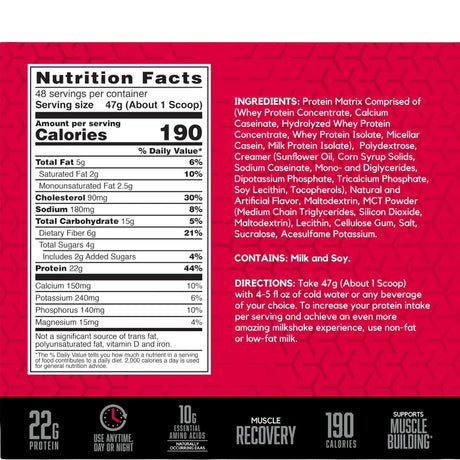 Tabla nutricional del suplemento BSN Syntha-6 22g Proteína 5 lbs sabor Plátano