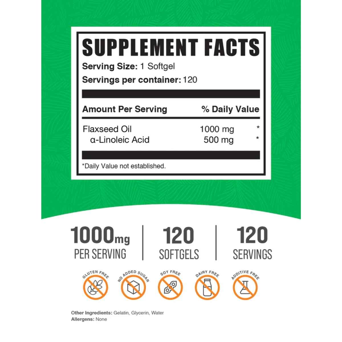 Tabla nutricional del suplemento BulkSupplements.com Aceite de Linaza 120 cápsulas blandas