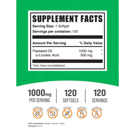 Tabla nutricional del suplemento BulkSupplements.com Aceite de Linaza 120 cápsulas blandas