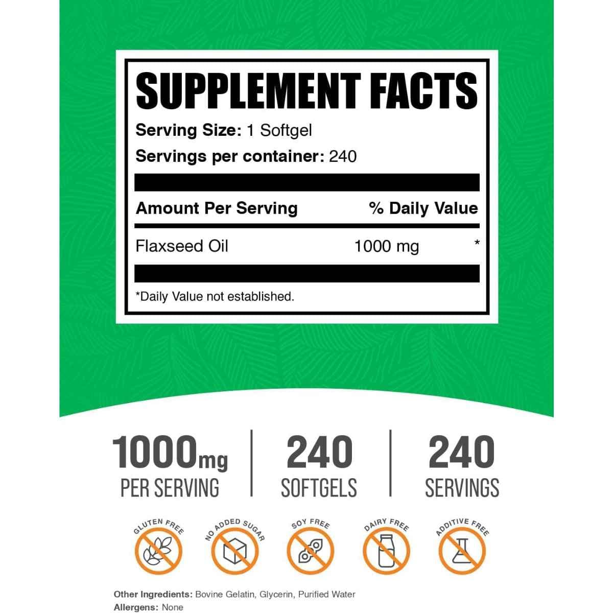 Tabla nutricional del suplemento BulkSupplements.com Aceite de Linaza 240 cápsulas blandas