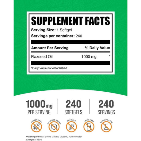 Tabla nutricional del suplemento BulkSupplements.com Aceite de Linaza 240 cápsulas blandas