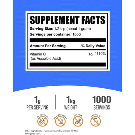 Tabla nutricional del suplemento BulkSupplements.com Ácido Ascórbico 1000 mg 1000 gramos