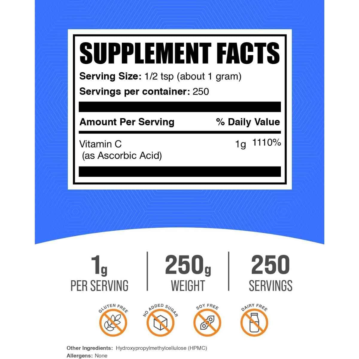 Tabla nutricional del suplemento BulkSupplements.com Ácido Ascórbico 1000 mg 250 gramos