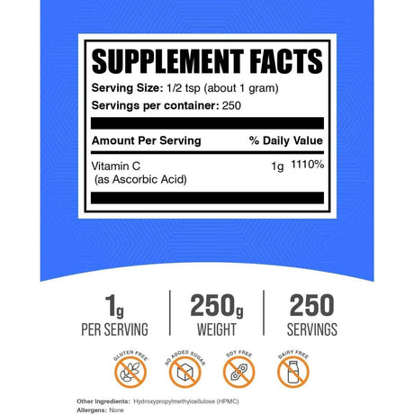 Tabla nutricional del suplemento BulkSupplements.com Ácido Ascórbico 1000 mg 250 gramos