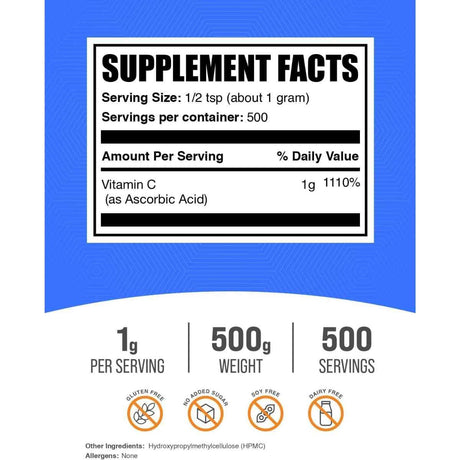 Tabla nutricional del suplemento BulkSupplements.com Ácido Ascórbico 1000 mg 500 gramos