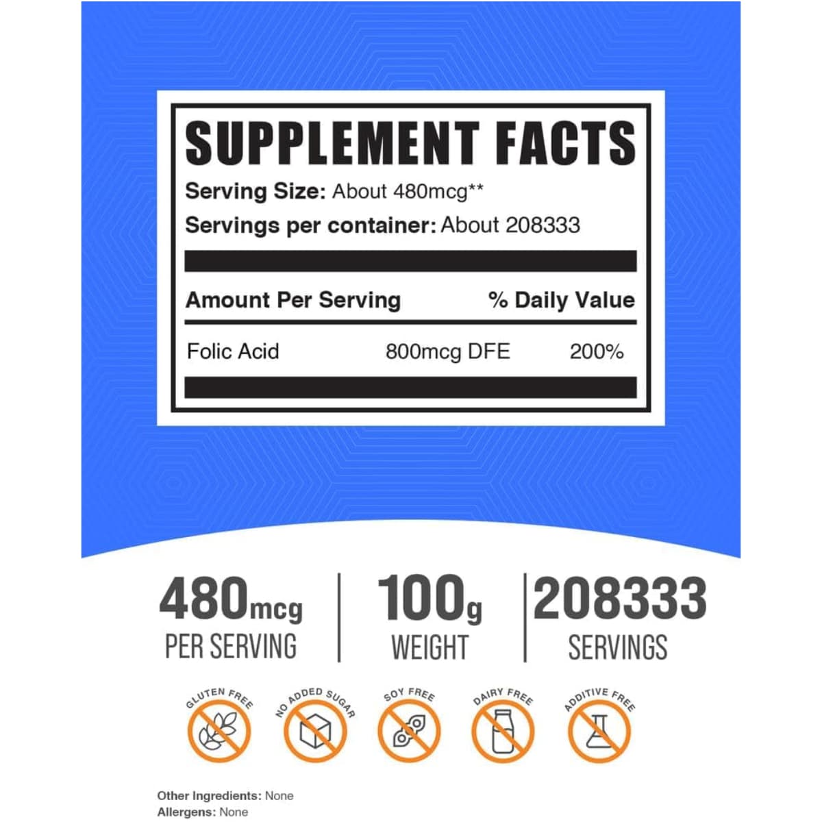 Tabla nutricional del suplemento BulkSupplements Ácido Fólico 800 mcg 100 g