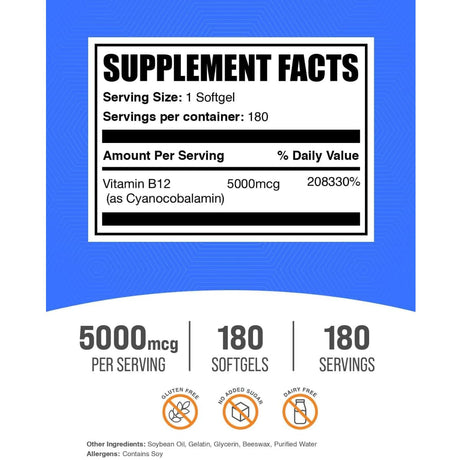 Tabla nutricional del suplemento BulkSupplements Cianocobalamina 5000 mcg 180 cápsulas blandas