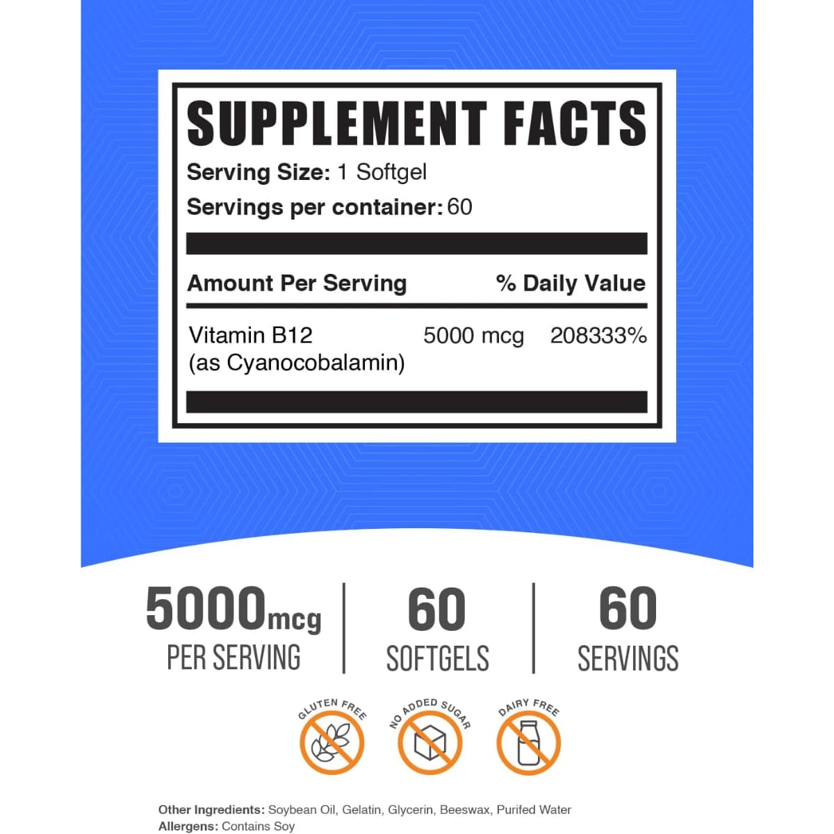 Tabla nutricional del suplemento BulkSupplements Cianocobalamina 5000 mcg 60 cápsulas blandas