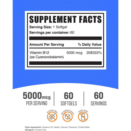 Tabla nutricional del suplemento BulkSupplements Cianocobalamina 5000 mcg 60 cápsulas blandas