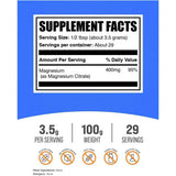 Etiqueta de ingredientes de BulkSupplements citrato de magnesio en polvo 100 g