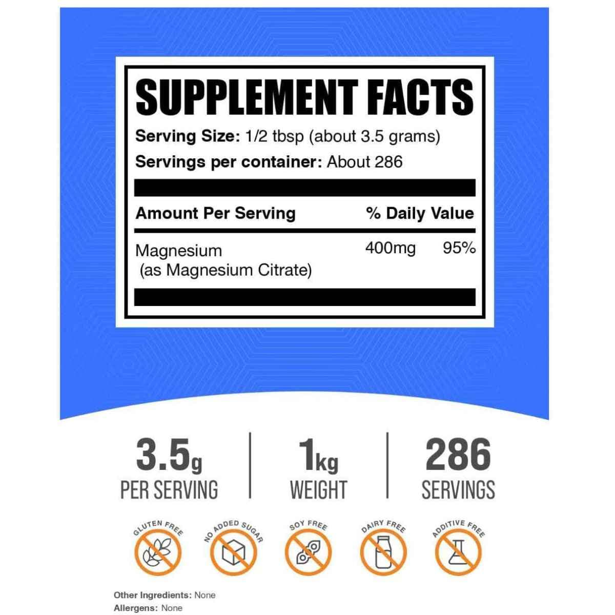 Etiqueta de ingredientes de BulkSupplements citrato de magnesio en polvo 1 kg