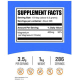 Etiqueta de ingredientes de BulkSupplements citrato de magnesio en polvo 1 kg