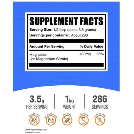 Etiqueta de ingredientes de BulkSupplements citrato de magnesio en polvo 1 kg