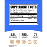 Etiqueta de ingredientes de BulkSupplements citrato de magnesio en polvo 250 g