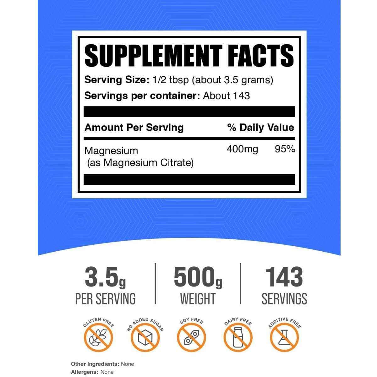 Etiqueta de ingredientes de BulkSupplements citrato de magnesio en polvo 500 g