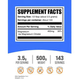 Etiqueta de ingredientes de BulkSupplements citrato de magnesio en polvo 500 g