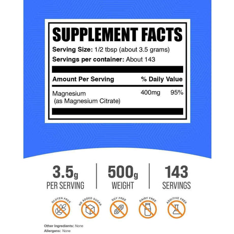 Etiqueta de ingredientes de BulkSupplements citrato de magnesio en polvo 500 g