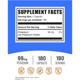 Tabla nutricional del suplemento BulkSupplements Citrato de Potasio 99 mg 180 cápsulas