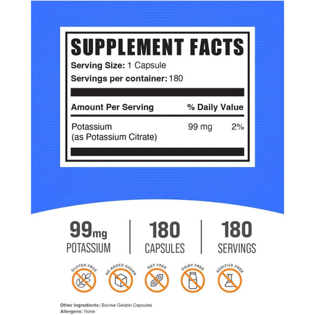 Tabla nutricional del suplemento BulkSupplements Citrato de Potasio 99 mg 180 cápsulas