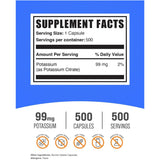 Tabla nutricional del suplemento BulkSupplements Citrato de Potasio 99 mg 500 cápsulas
