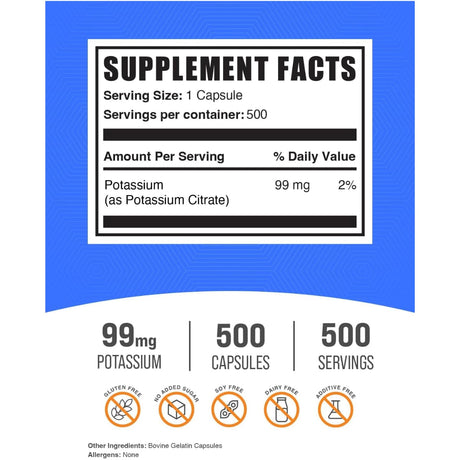 Tabla nutricional del suplemento BulkSupplements Citrato de Potasio 99 mg 500 cápsulas