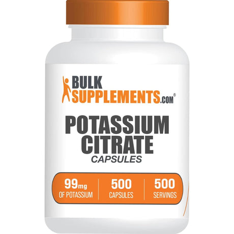 Frasco de suplemento BulkSupplements Citrato de Potasio 99 mg 500 cápsulas