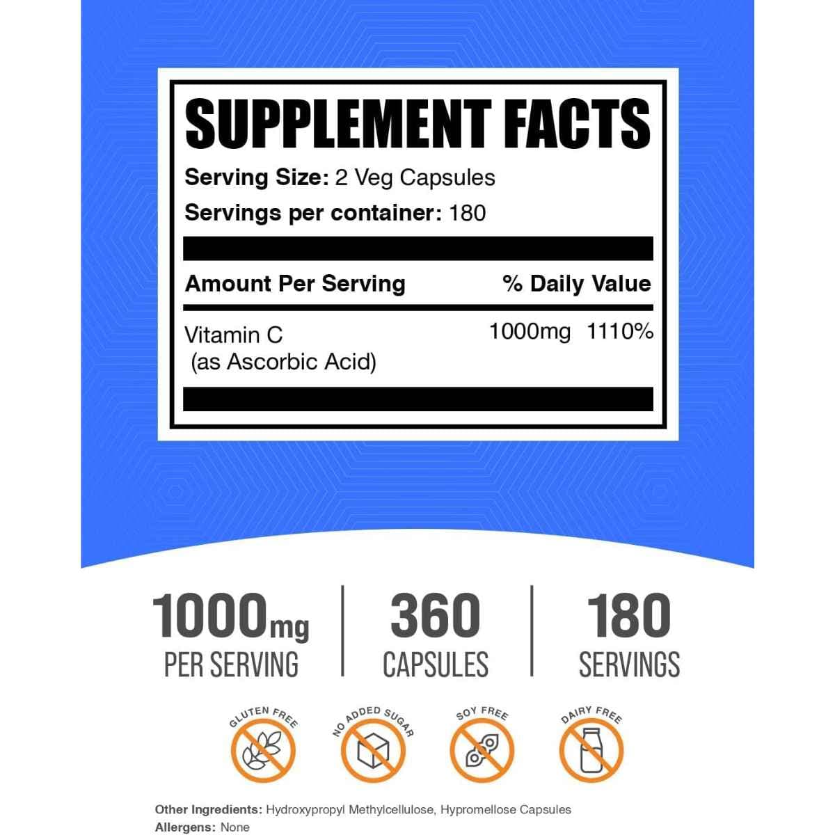 Tabla nutricional del suplemento BulkSupplements.com Vitamina C 1000 mg 360 Cápsulas