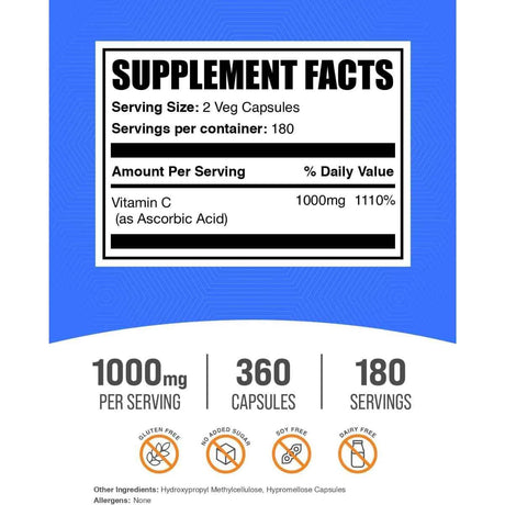 Tabla nutricional del suplemento BulkSupplements.com Vitamina C 1000 mg 360 Cápsulas