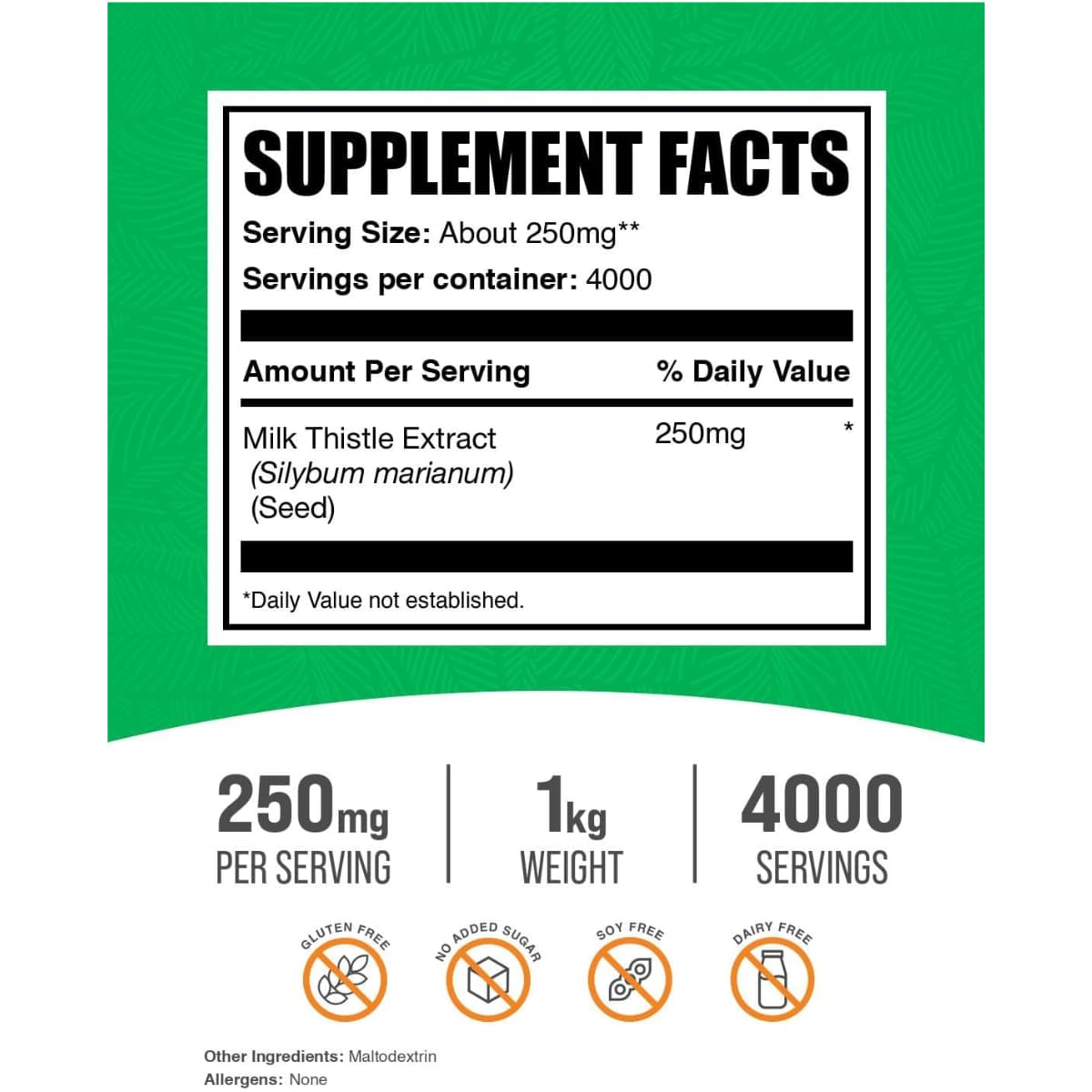 Tabla nutricional del suplemento BulkSupplements Extracto de Cardo Mariano Polvo 1 kg