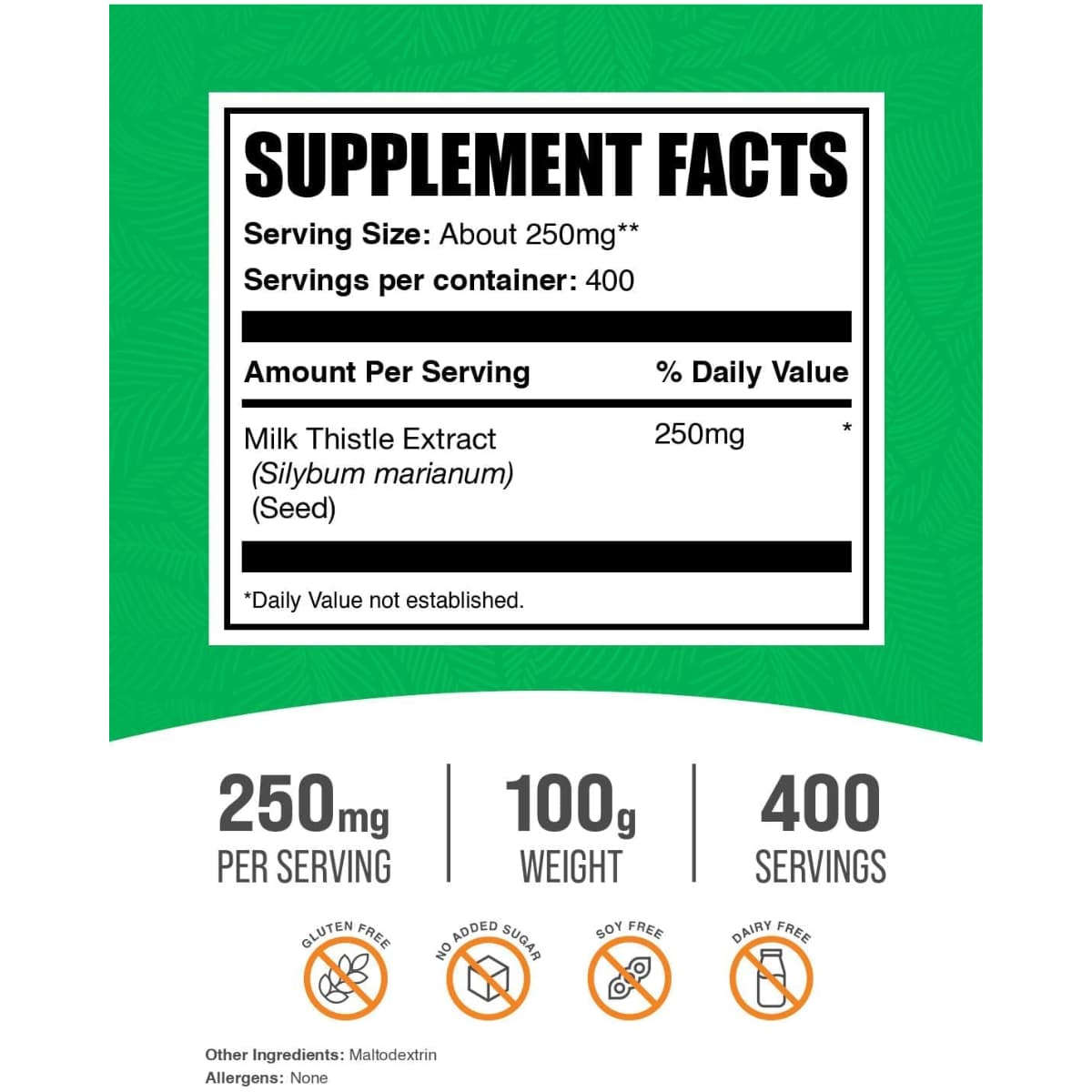 Tabla nutricional del suplemento BulkSupplements Extracto de Cardo Mariano Polvo 100 g