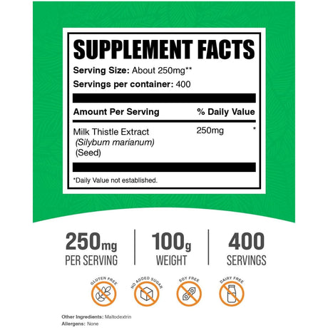 Tabla nutricional del suplemento BulkSupplements Extracto de Cardo Mariano Polvo 100 g