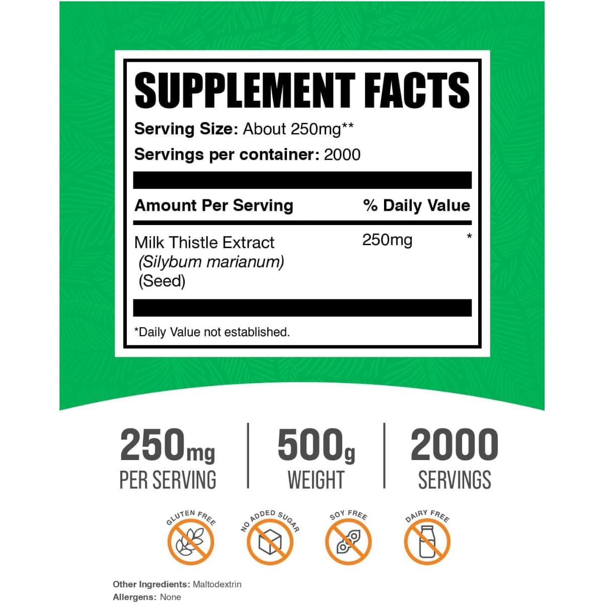 Tabla nutricional del suplemento BulkSupplements Extracto de Cardo Mariano Polvo 500 g