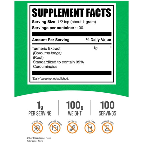 Tabla nutricional del suplemento BulkSupplements Extracto de Cúrcuma 100 g