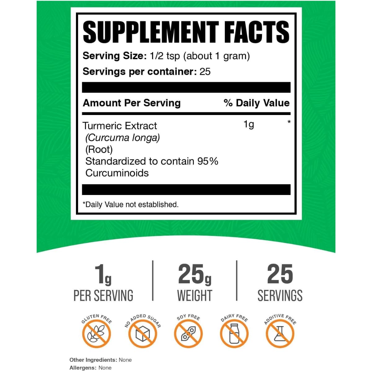 Tabla nutricional del suplemento BulkSupplements Extracto de Cúrcuma 25 g