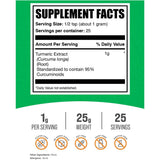 Tabla nutricional del suplemento BulkSupplements Extracto de Cúrcuma 25 g
