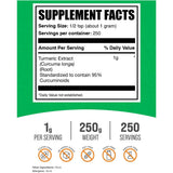 Tabla nutricional del suplemento BulkSupplements Extracto de Cúrcuma 250 g