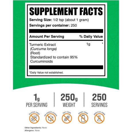 Tabla nutricional del suplemento BulkSupplements Extracto de Cúrcuma 250 g