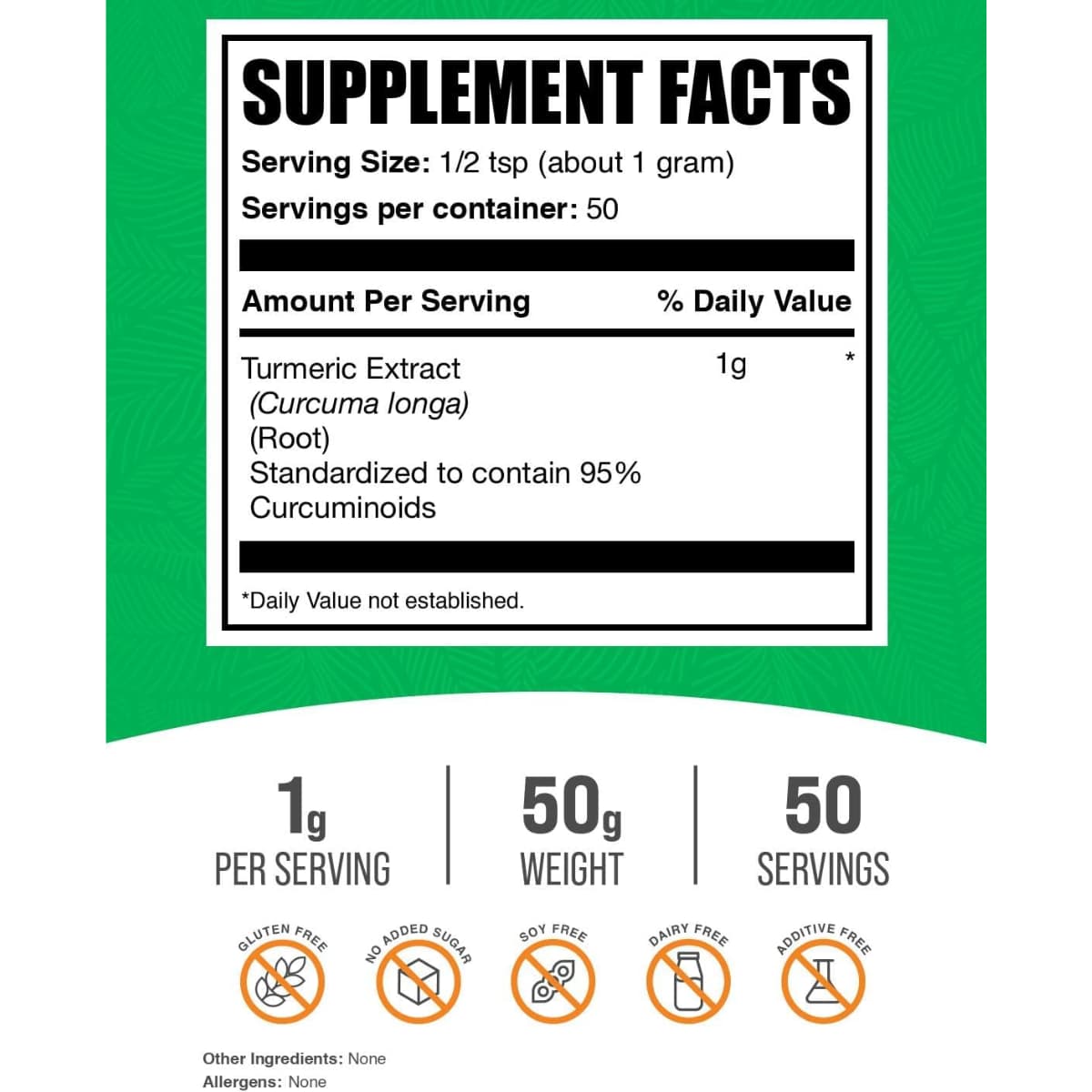 Tabla nutricional del suplemento BulkSupplements Extracto de Cúrcuma 50 g