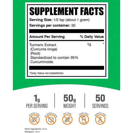 Tabla nutricional del suplemento BulkSupplements Extracto de Cúrcuma 50 g