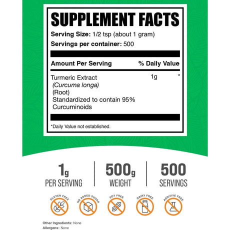 Tabla nutricional del suplemento BulkSupplements Extracto de Cúrcuma 500 g